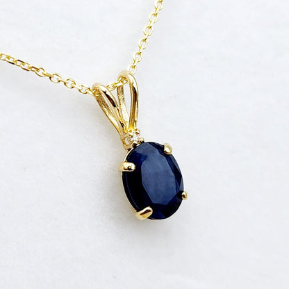 Gold Blue Sapphire Pendant, 10K Yellow Gold Natural Blue Sapphire 8x6mm With Diamond Pendant, September Birthstone Jewelry For Women
