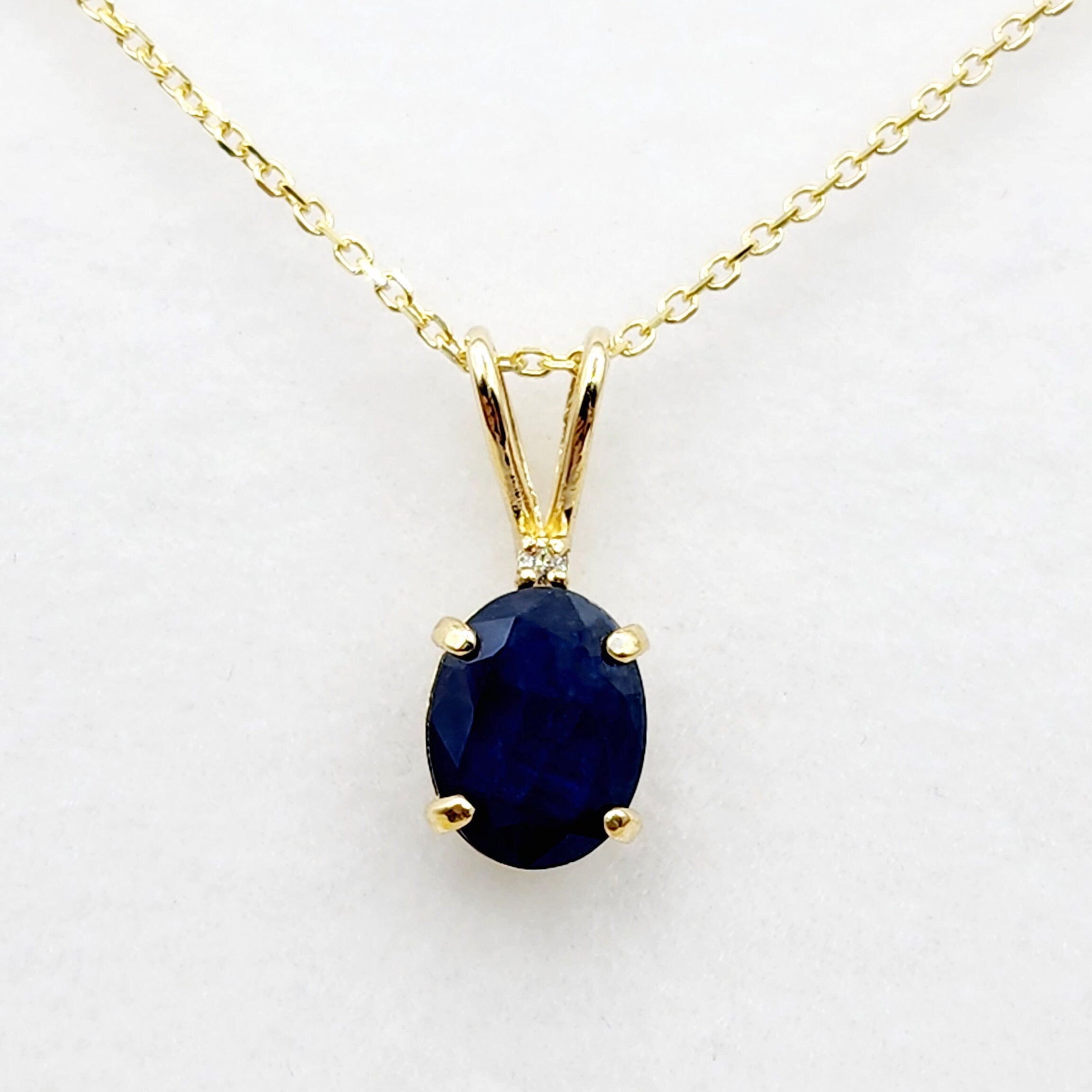 Gold Blue Sapphire Pendant, 10K Yellow Gold Natural Blue Sapphire 8x6mm With Diamond Pendant, September Birthstone Jewelry For Women
