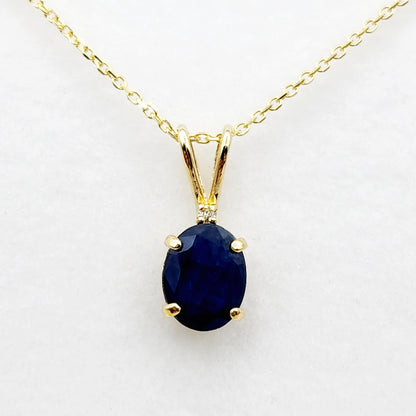Gold Blue Sapphire Pendant, 10K Yellow Gold Natural Blue Sapphire 8x6mm With Diamond Pendant, September Birthstone Jewelry For Women