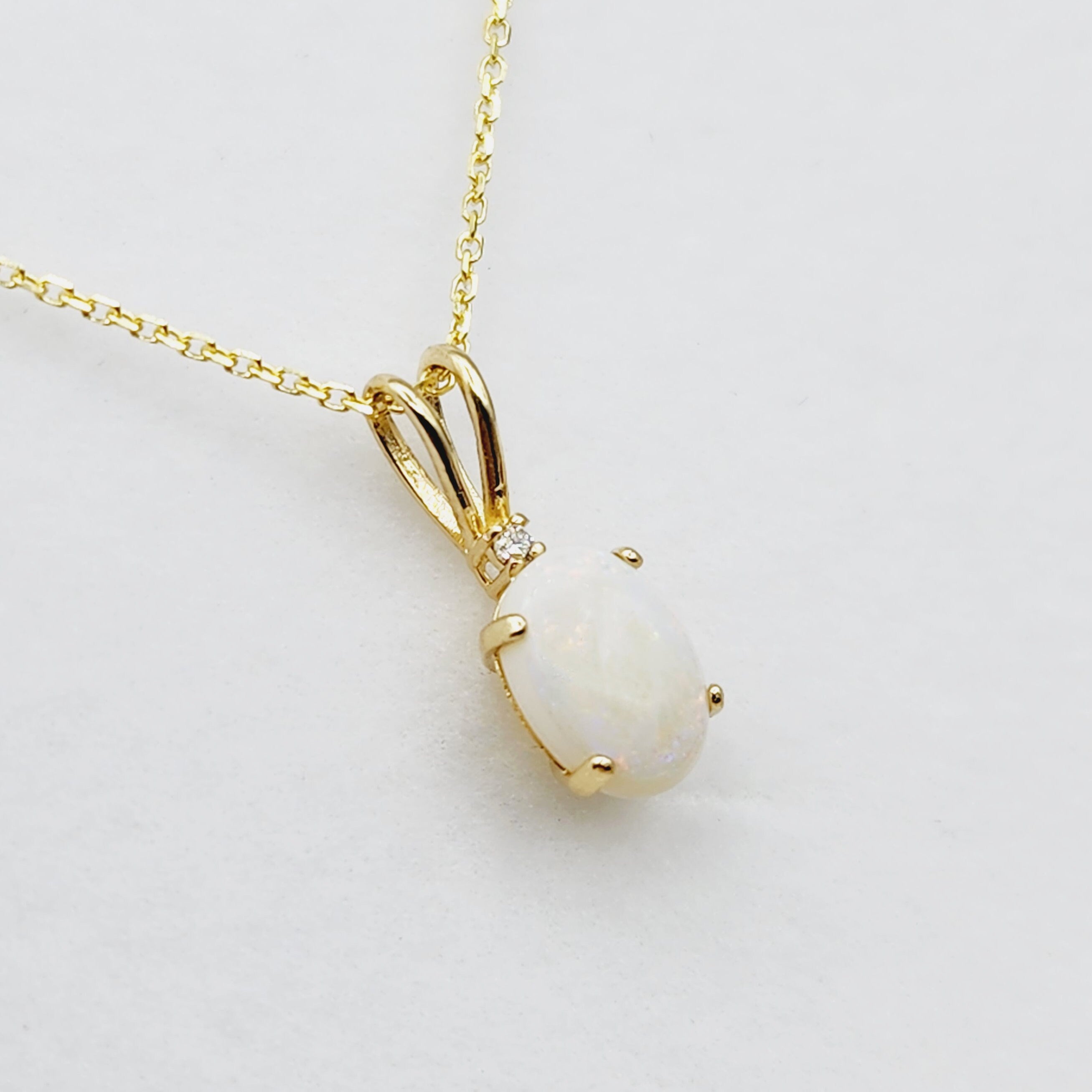 Gold Genuine Opal Pendant Necklace, 10K Yellow Gold Fire Opal 8x6mm with Diamond Pendant for Women, Dainty Gold Necklace, October Birthstone