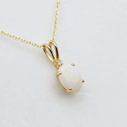 Gold Genuine Opal Pendant Necklace, 10K Yellow Gold Fire Opal 8x6mm with Diamond Pendant for Women, Dainty Gold Necklace, October Birthstone