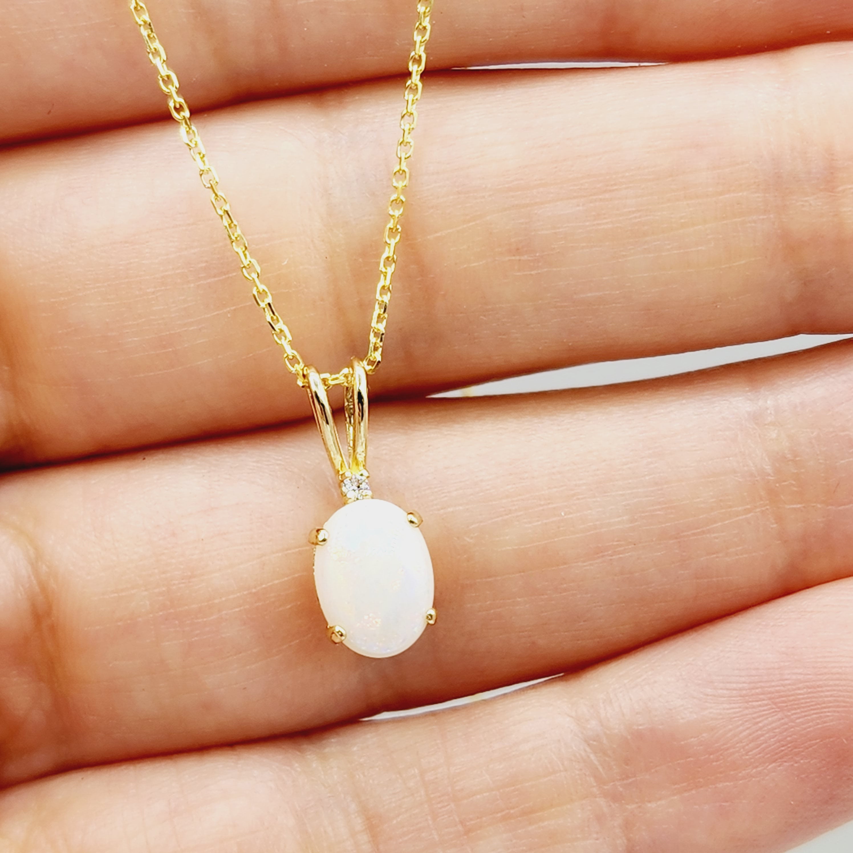 Gold Genuine Opal Pendant Necklace, 10K Yellow Gold Fire Opal 8x6mm with Diamond Pendant for Women, Dainty Gold Necklace, October Birthstone