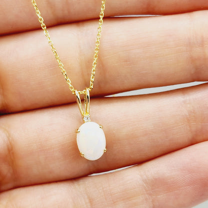 Gold Genuine Opal Pendant Necklace, 10K Yellow Gold Fire Opal 8x6mm with Diamond Pendant for Women, Dainty Gold Necklace, October Birthstone