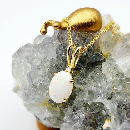 Gold Genuine Opal Pendant Necklace, 10K Yellow Gold Fire Opal 8x6mm with Diamond Pendant for Women, Dainty Gold Necklace, October Birthstone