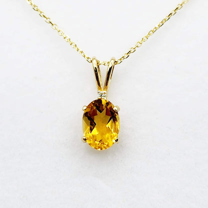 Gold Citrine Pendant Necklace, 10K Yellow Gold Citrine 8x6mm with Diamond Pendant, November Birthstone, Yellow Citrine Jewelry