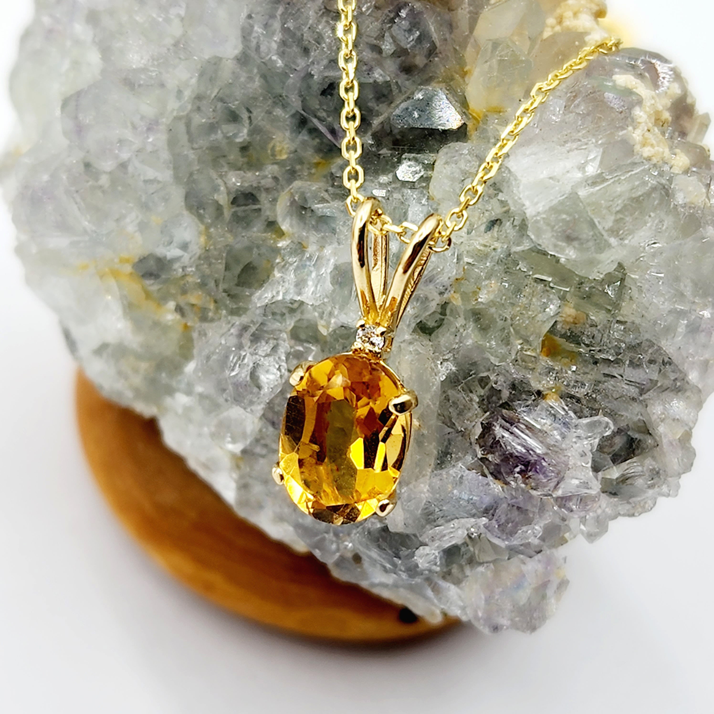 Gold Citrine Pendant Necklace, 10K Yellow Gold Citrine 8x6mm with Diamond Pendant, November Birthstone, Yellow Citrine Jewelry