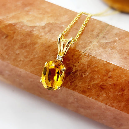 Gold Citrine Pendant Necklace, 10K Yellow Gold Citrine 8x6mm with Diamond Pendant, November Birthstone, Yellow Citrine Jewelry