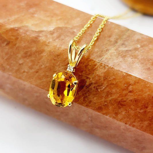 Gold Citrine Pendant Necklace, 10K Yellow Gold Citrine 8x6mm with Diamond Pendant, November Birthstone, Yellow Citrine Jewelry