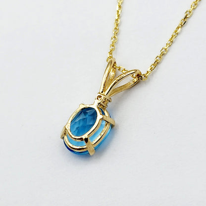 Gold Blue Topaz Pendant Necklace, 10K Yellow Gold Blue Topaz 8x6mm with Diamond Pendant, December Birthstone, Topaz Jewelry, Birthday Gift