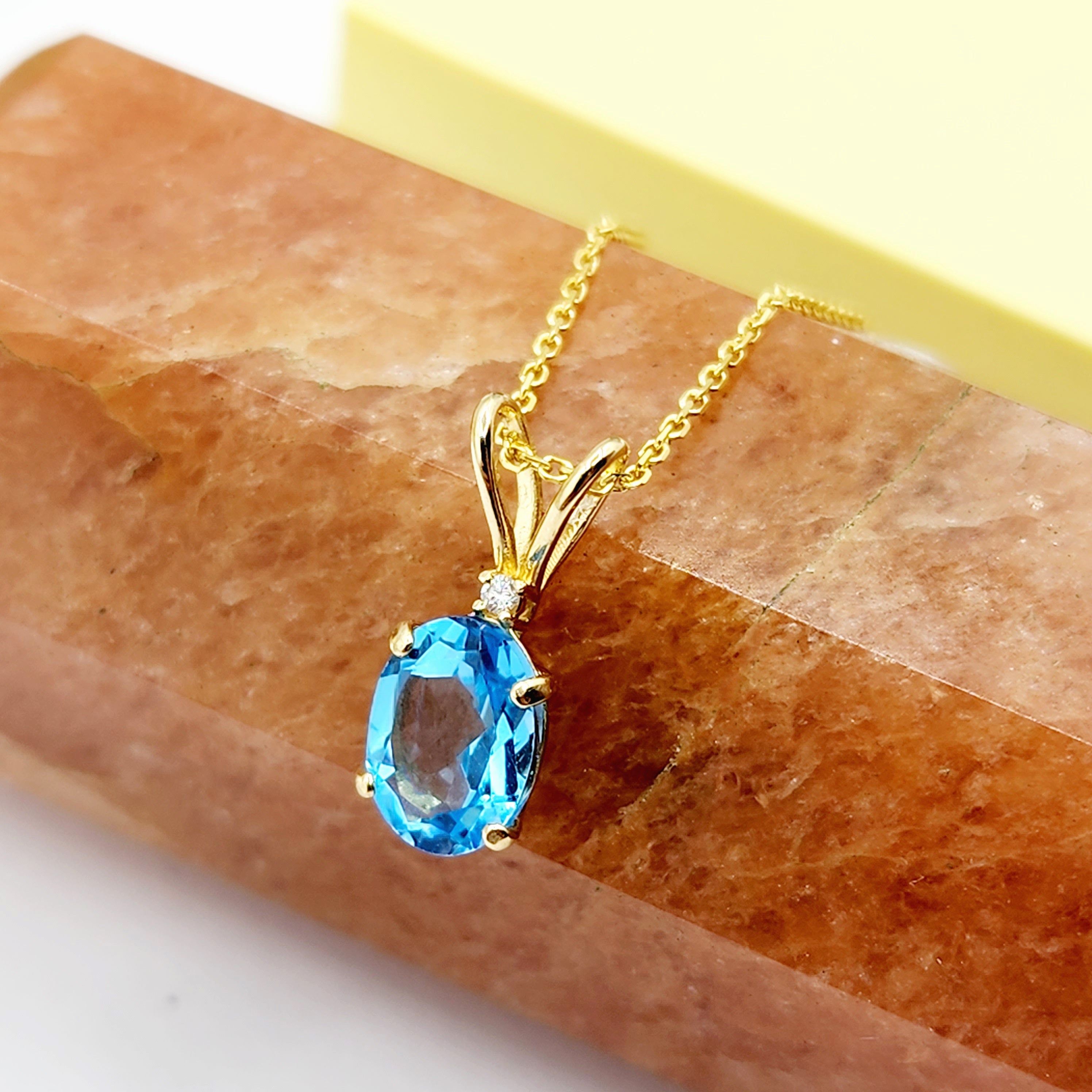 Gold Blue Topaz Pendant Necklace, 10K Yellow Gold Blue Topaz 8x6mm with Diamond Pendant, December Birthstone, Topaz Jewelry, Birthday Gift