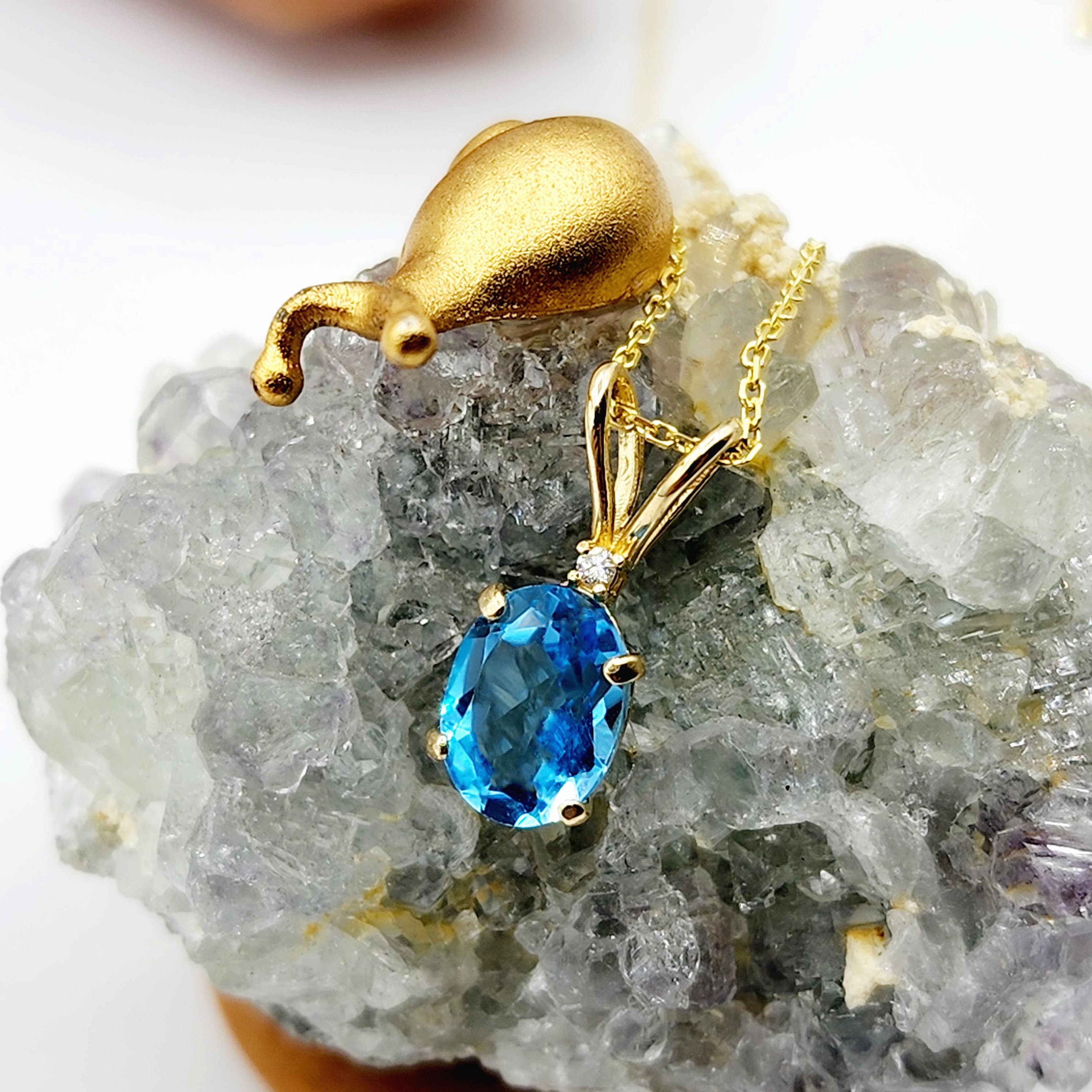 Gold Blue Topaz Pendant Necklace, 10K Yellow Gold Blue Topaz 8x6mm with Diamond Pendant, December Birthstone, Topaz Jewelry, Birthday Gift