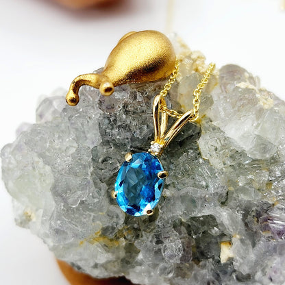 Gold Blue Topaz Pendant Necklace, 10K Yellow Gold Blue Topaz 8x6mm with Diamond Pendant, December Birthstone, Topaz Jewelry, Birthday Gift