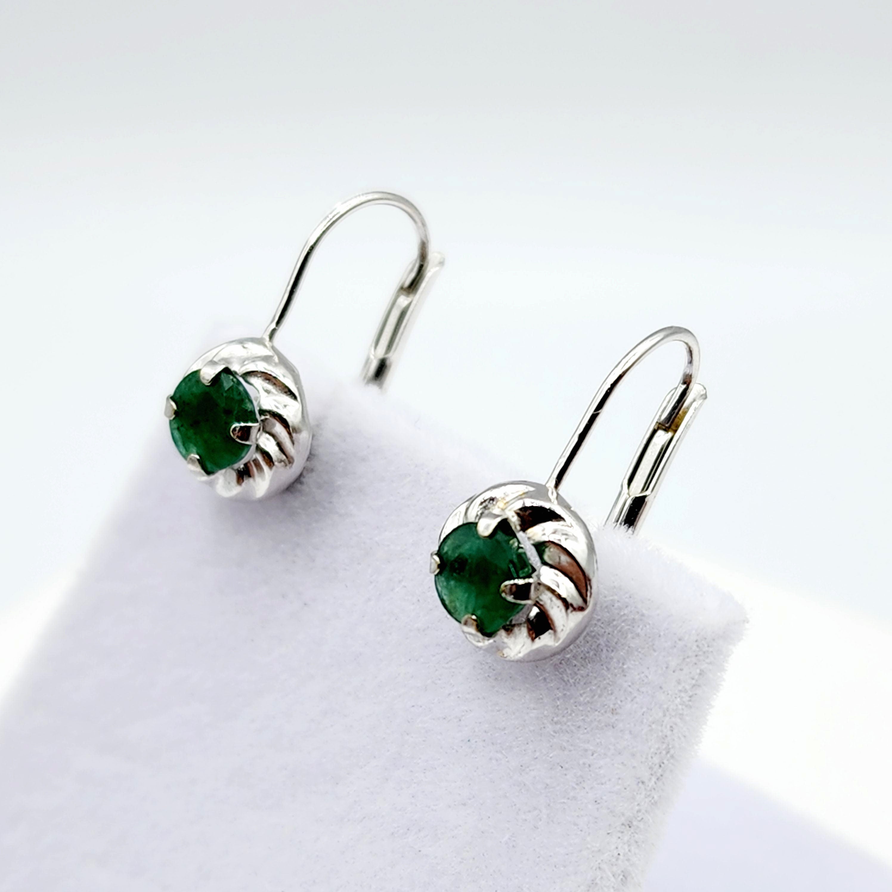 14K White Gold Genuine Emerald Leverback Earrings, Natural Emerald 5x5mm Earrings for Women, May Birthstone Jewelry For Women