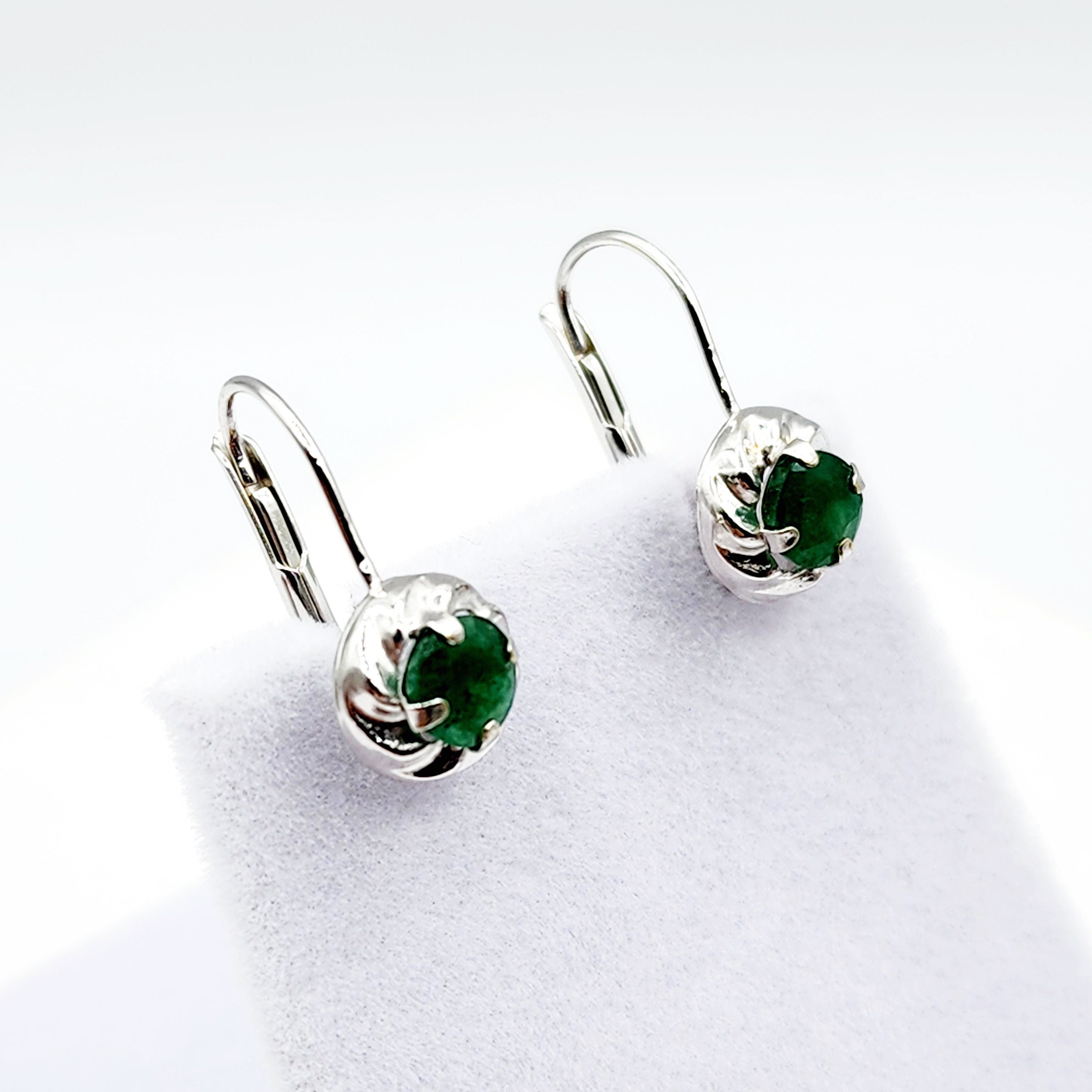 14K White Gold Genuine Emerald Leverback Earrings, Natural Emerald 5x5mm Earrings for Women, May Birthstone Jewelry For Women