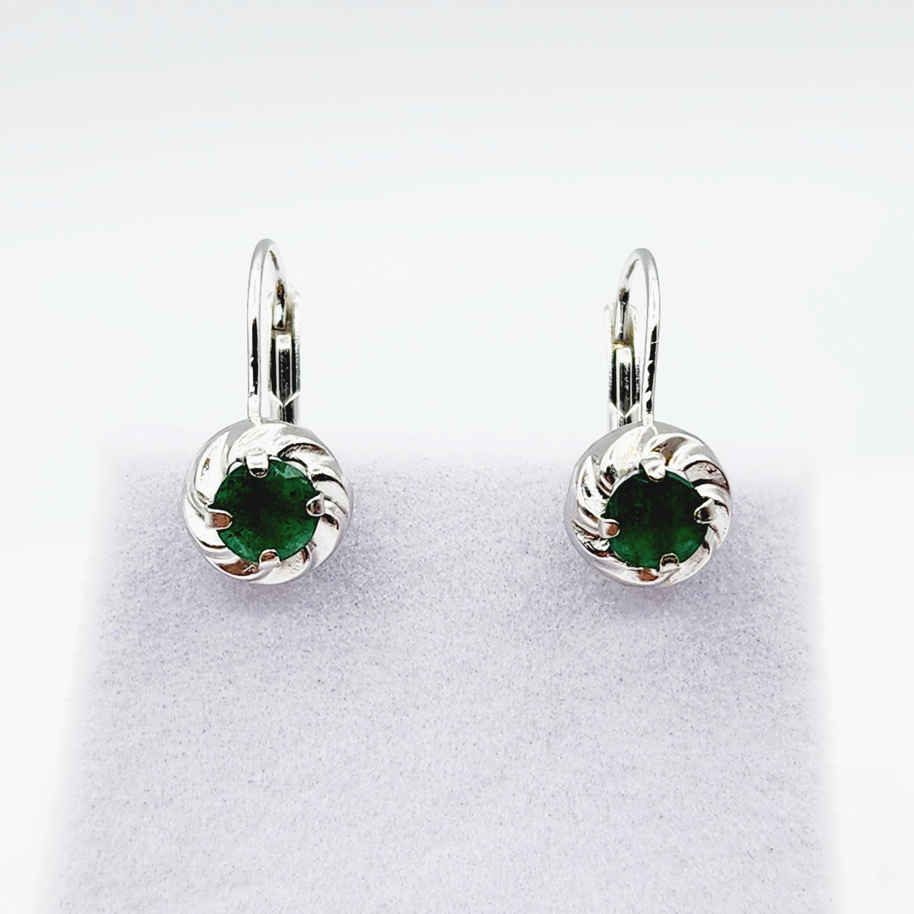 14K White Gold Genuine Emerald Leverback Earrings, Natural Emerald 5x5mm Earrings for Women, May Birthstone Jewelry For Women