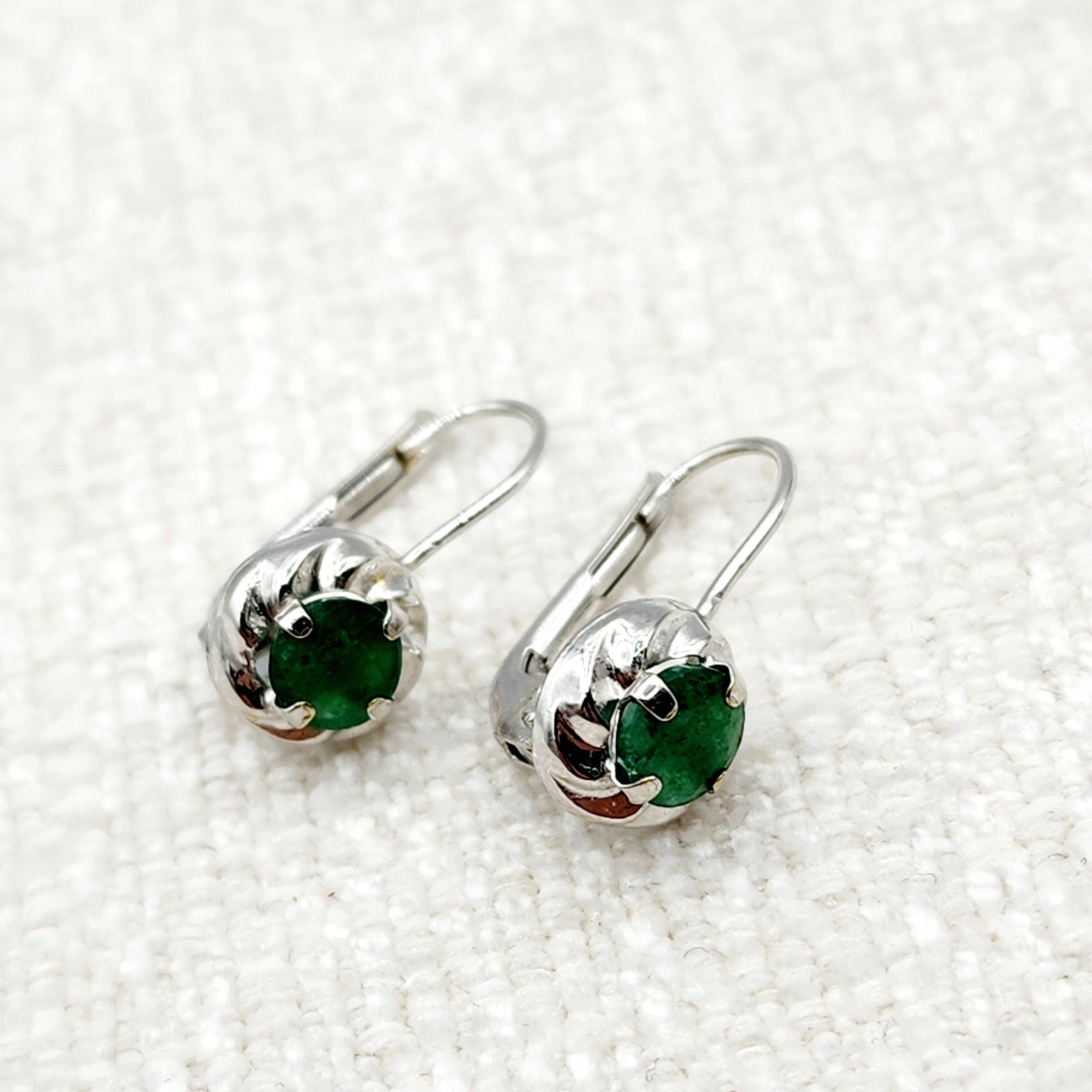 14K White Gold Genuine Emerald Leverback Earrings, Natural Emerald 5x5mm Earrings for Women, May Birthstone Jewelry For Women
