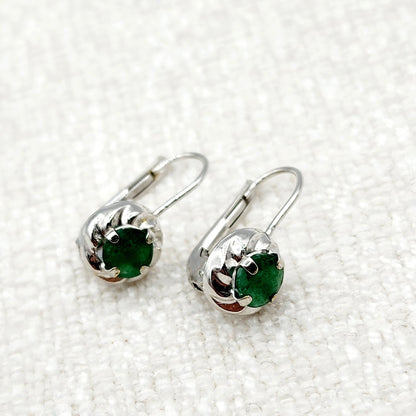 14K White Gold Genuine Emerald Leverback Earrings, Natural Emerald 5x5mm Earrings for Women, May Birthstone Jewelry For Women