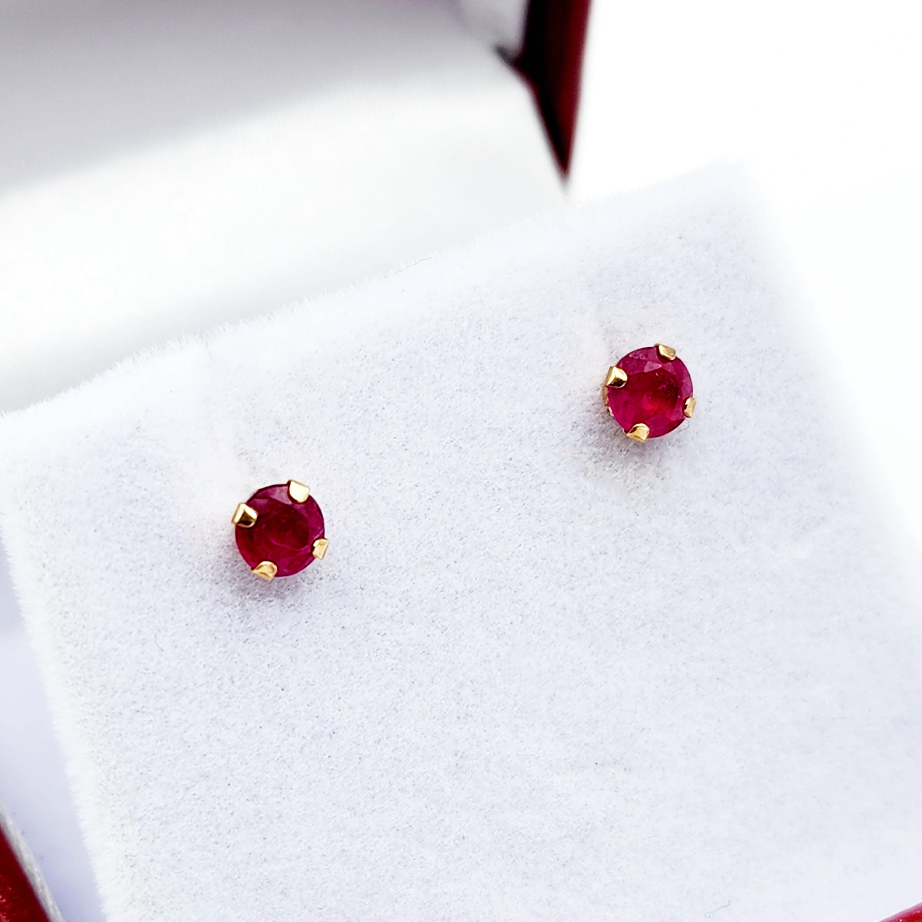 14K Yellow Gold Ruby Stud Earrings, Handmade July Birthstone 4x4mm