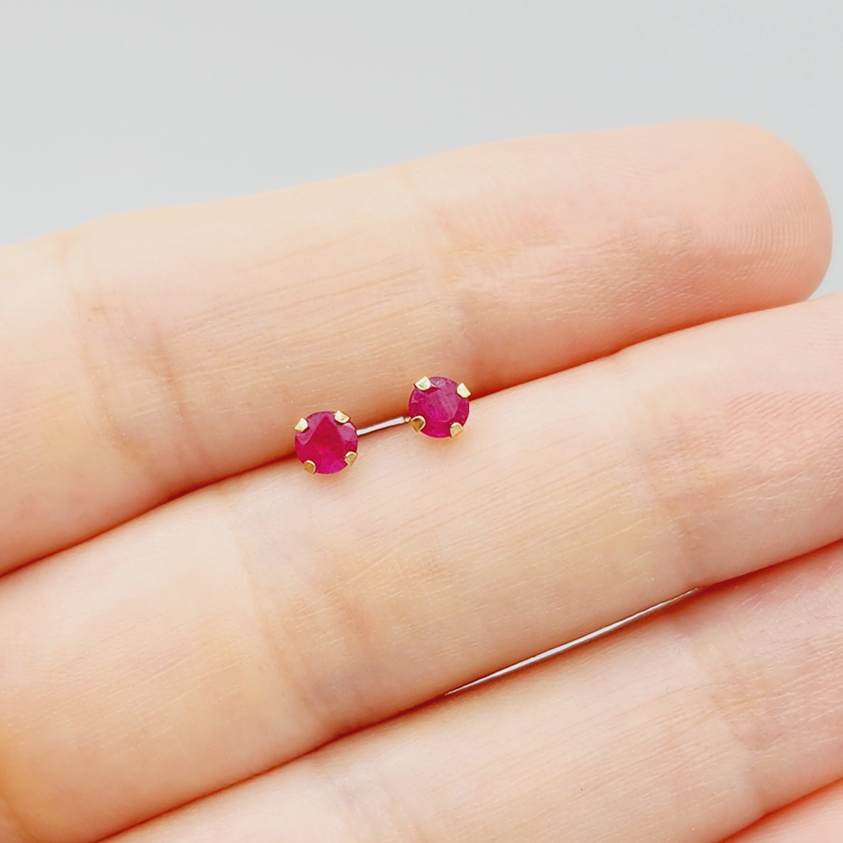 14K Yellow Gold Ruby Stud Earrings, Handmade July Birthstone 4x4mm