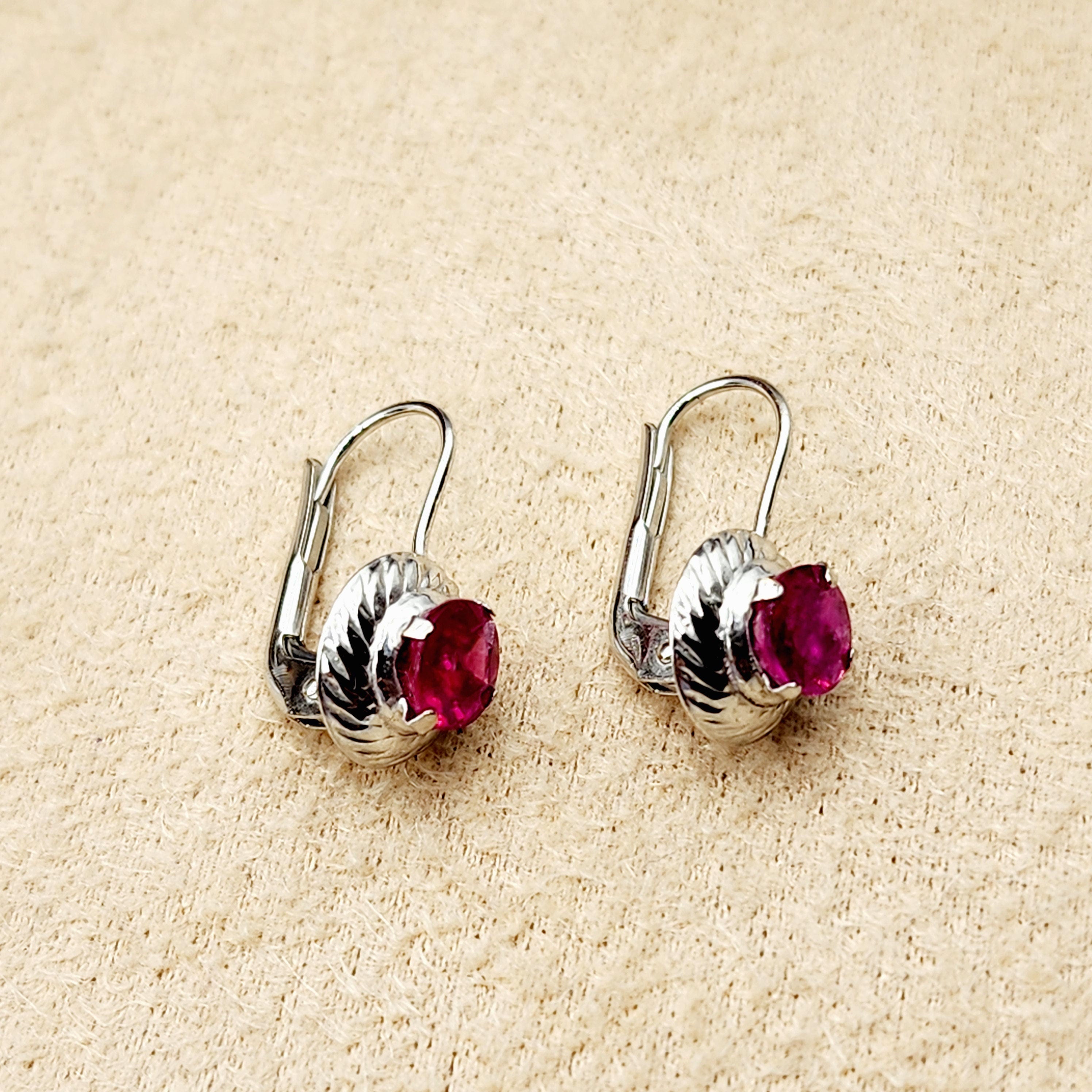 Gold Ruby Earrings, 14K White Gold Ruby 5x5mm Leverback Earrings, Gold Ruby Earrings, July Birthstone, Birthday Gift for her, Ruby Jewelry