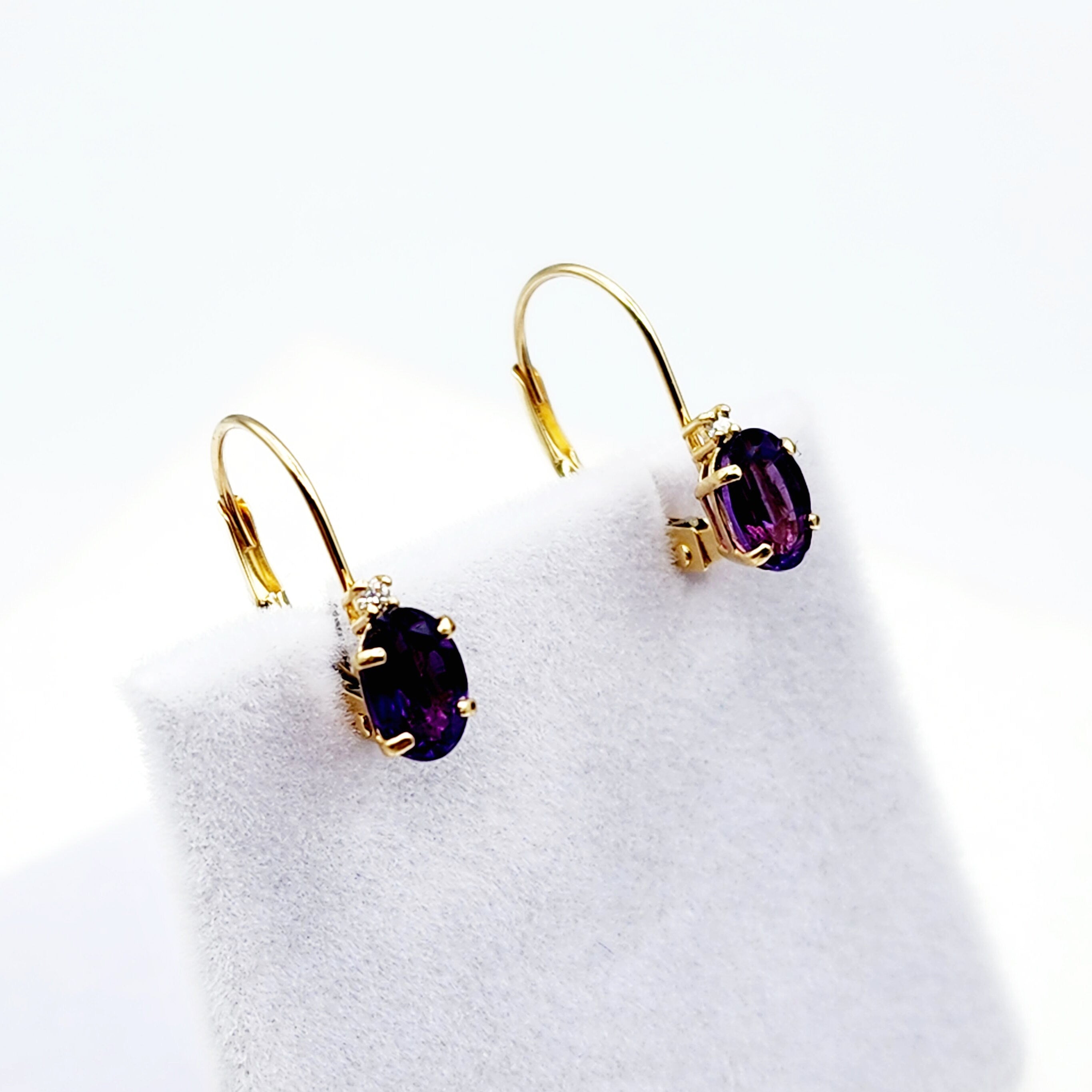 14K Yellow Gold Leverback Amethyst Earrings, Gold Earrings with Genuine Gemstone 6x4mm and Diamonds, February Birthstone Gift for Her