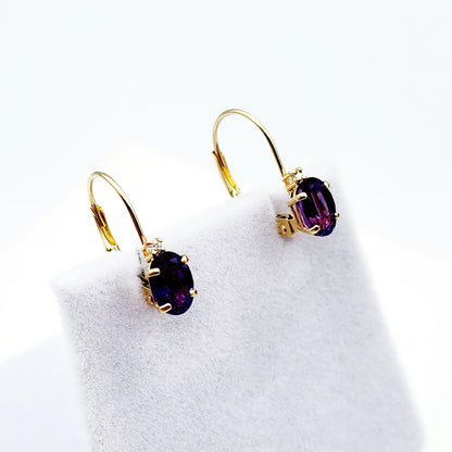 14K Yellow Gold Leverback Amethyst Earrings, Gold Earrings with Genuine Gemstone 6x4mm and Diamonds, February Birthstone Gift for Her