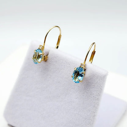 14K Yellow Gold Leverback Blue Topaz Earrings, Gold Earrings with Genuine Gemstone 6x4mm and Diamonds, December Birthstone Gift for Her