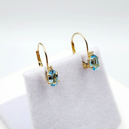 14K Yellow Gold Leverback Blue Topaz Earrings, Gold Earrings with Genuine Gemstone 6x4mm and Diamonds, December Birthstone Gift for Her
