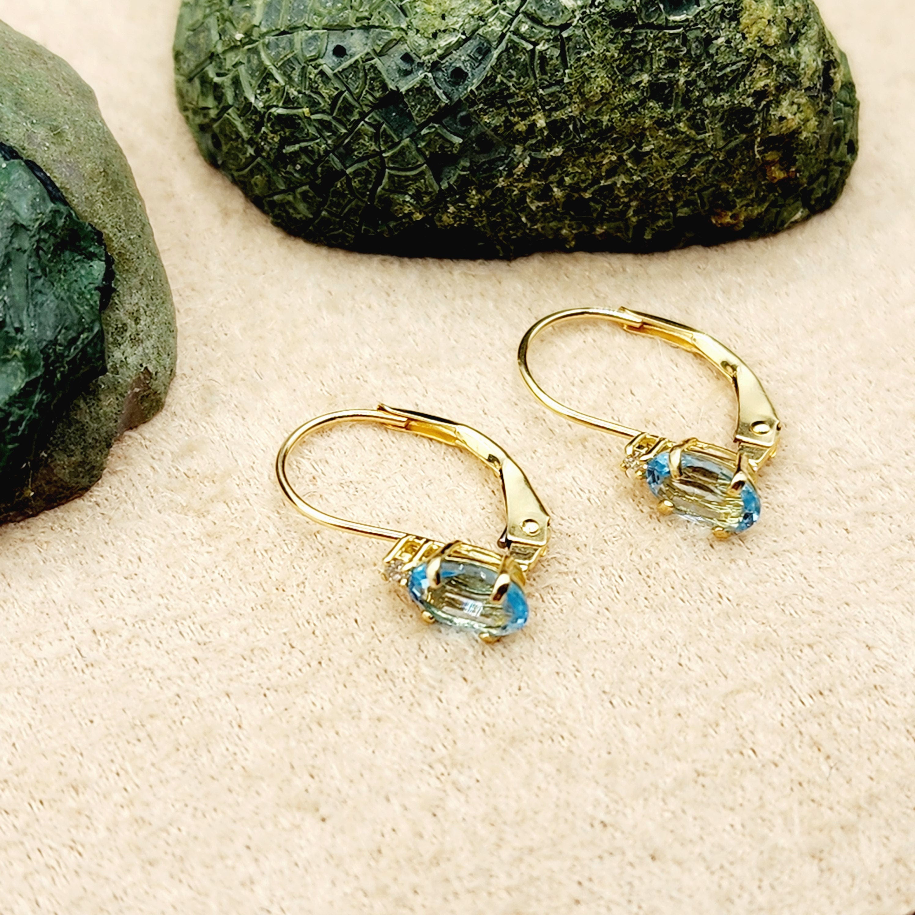 14K Yellow Gold Leverback Blue Topaz Earrings, Gold Earrings with Genuine Gemstone 6x4mm and Diamonds, December Birthstone Gift for Her