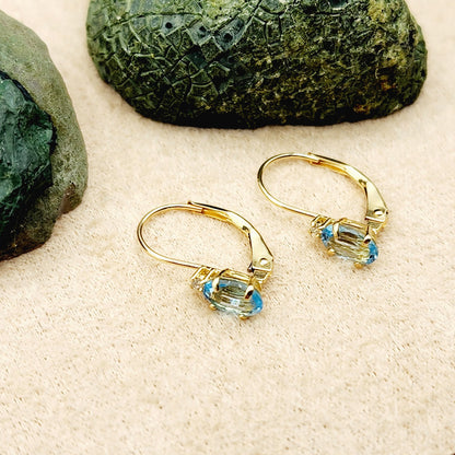 14K Yellow Gold Leverback Blue Topaz Earrings, Gold Earrings with Genuine Gemstone 6x4mm and Diamonds, December Birthstone Gift for Her