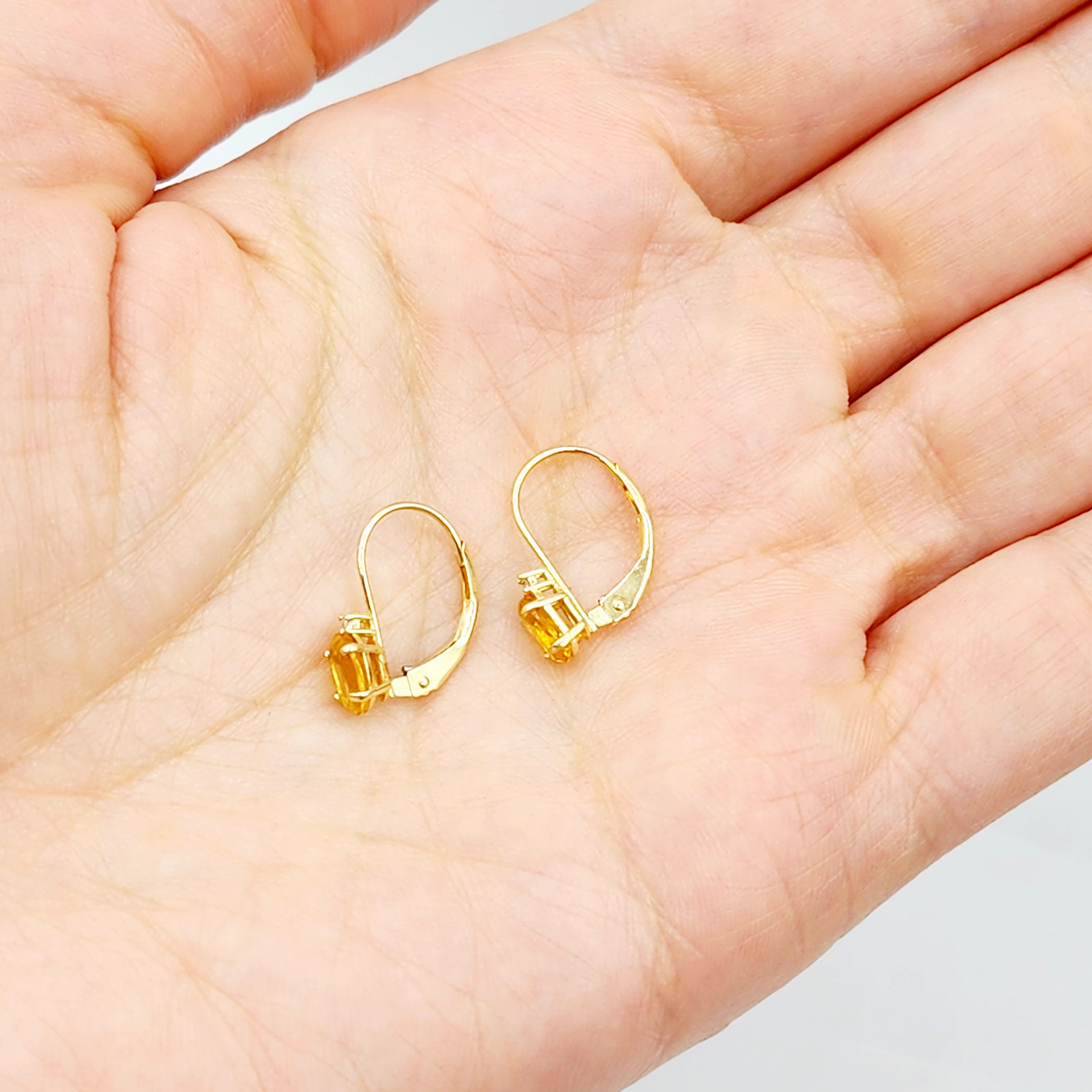 14K Yellow Gold Leverback Citrine Earrings, Gold Earrings with Genuine Gemstone 6x4mm and Diamonds, November Birthstone Gift for Her