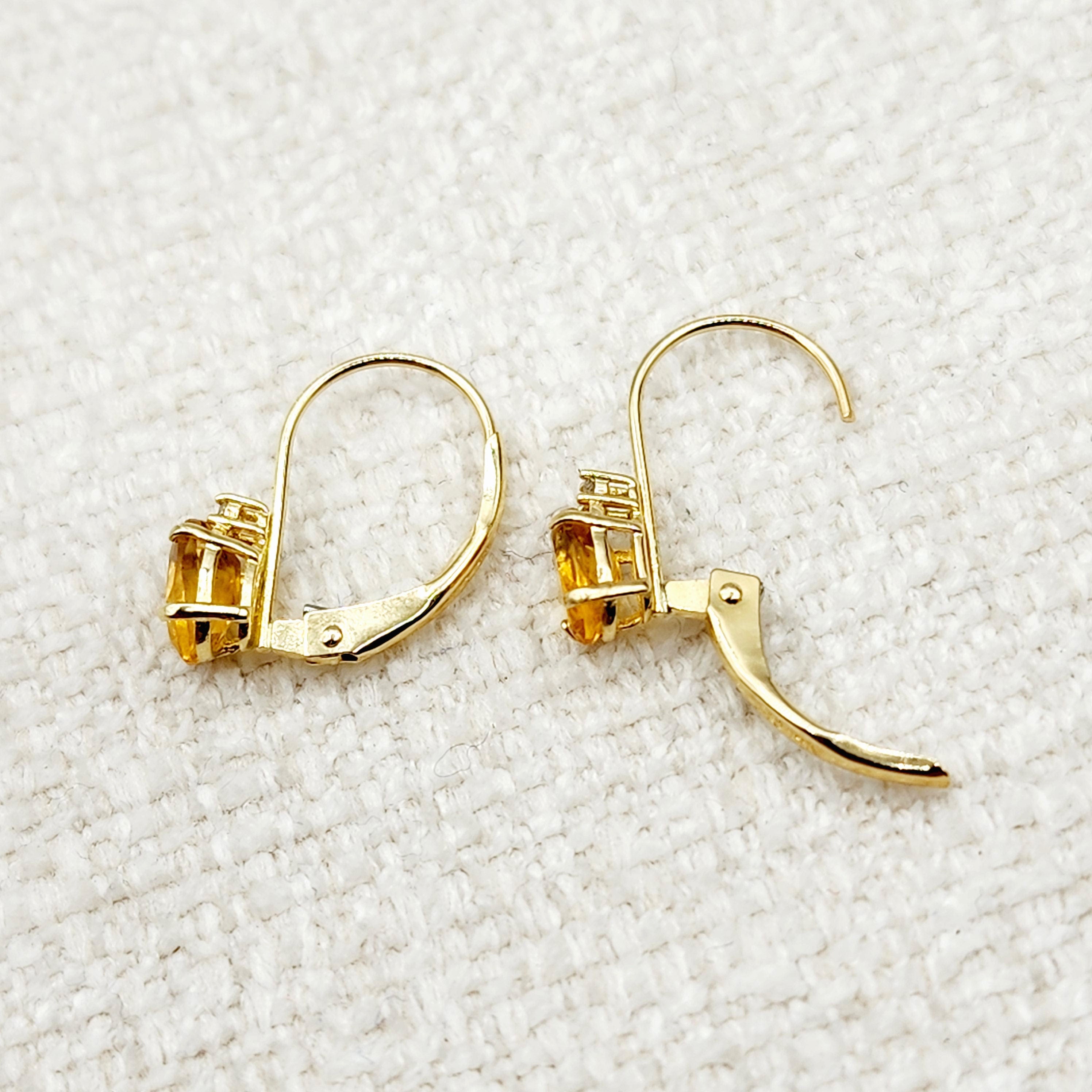 14K Yellow Gold Leverback Citrine Earrings, Gold Earrings with Genuine Gemstone 6x4mm and Diamonds, November Birthstone Gift for Her