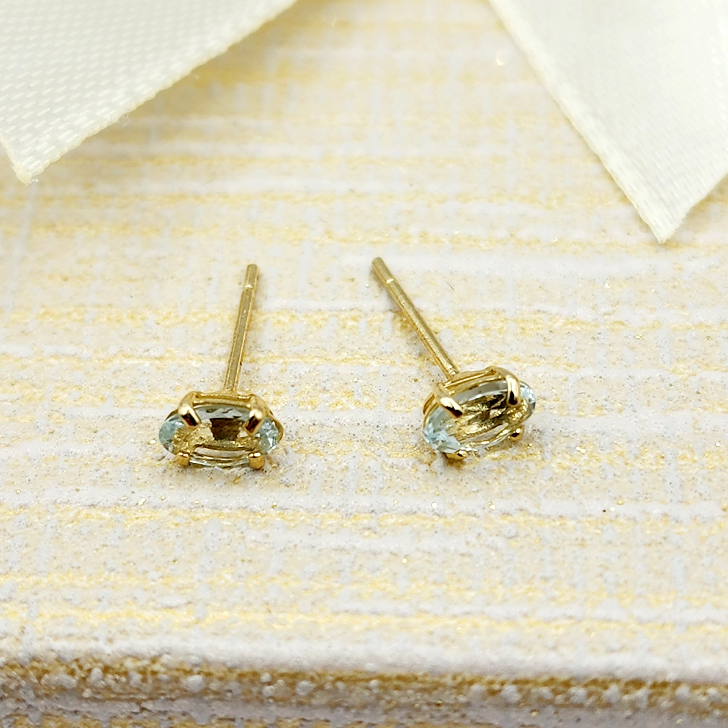Gold Aquamarine Stud Earrings, 10K Yellow Gold Genuine Aquamarine 5x3mm Stud Earrings, March Birthstone, Light Blue Gemstone Jewelry For Her