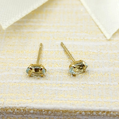 Gold Aquamarine Stud Earrings, 10K Yellow Gold Genuine Aquamarine 5x3mm Stud Earrings, March Birthstone, Light Blue Gemstone Jewelry For Her