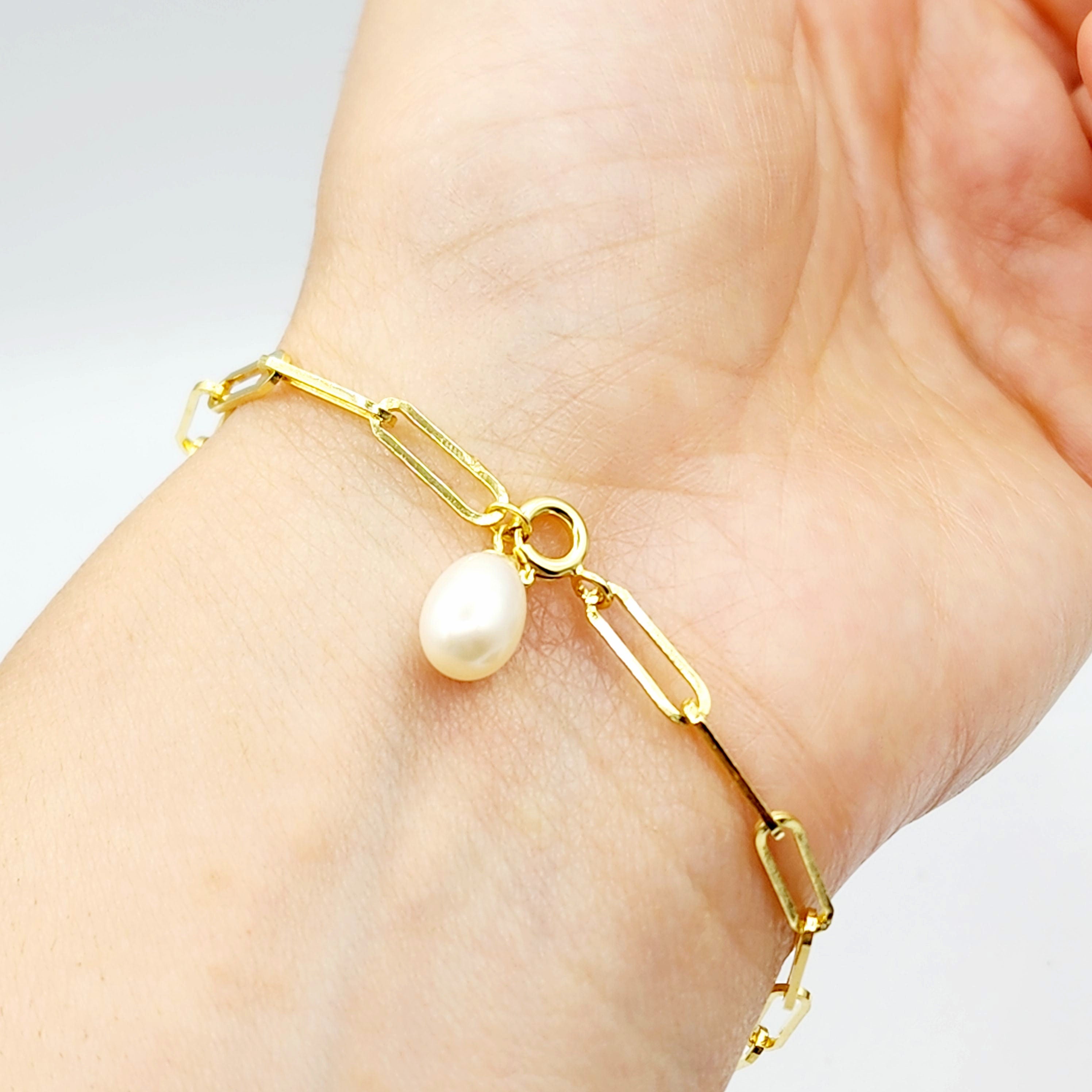 Sterling Silver with Genuine Freshwater Pearl, Paperclip Chain Bracelet For Women, Gift for her, Paperclip Chain Design, Fashionable Jewelry