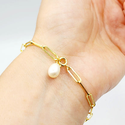Sterling Silver with Genuine Freshwater Pearl, Paperclip Chain Bracelet For Women, Gift for her, Paperclip Chain Design, Fashionable Jewelry