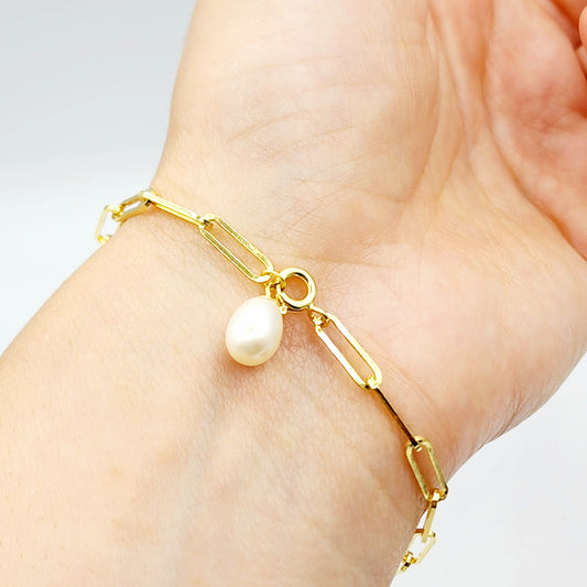 Sterling Silver with Genuine Freshwater Pearl, Paperclip Chain Bracelet For Women, Gift for her, Paperclip Chain Design, Fashionable Jewelry