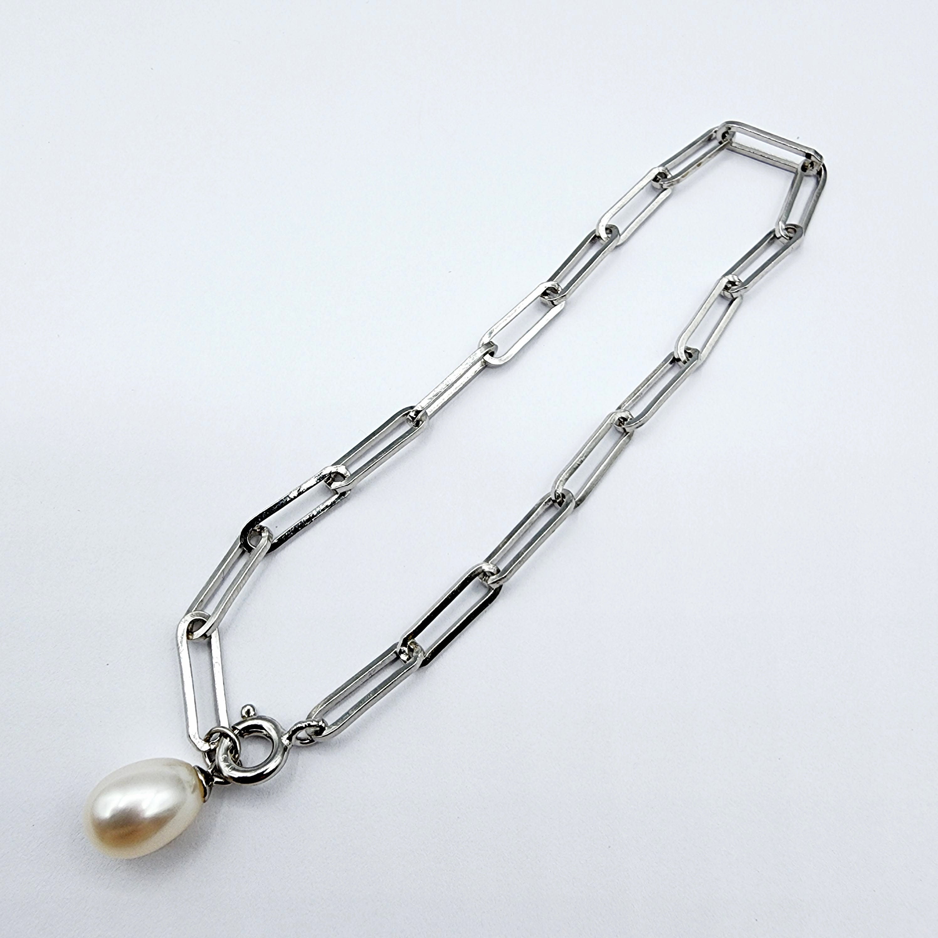 Sterling Silver with Genuine Freshwater Pearl, Paperclip Chain Bracelet For Women, Gift for her, Paperclip Chain Design, Fashionable Jewelry