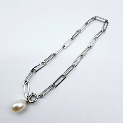Sterling Silver with Genuine Freshwater Pearl, Paperclip Chain Bracelet For Women, Gift for her, Paperclip Chain Design, Fashionable Jewelry