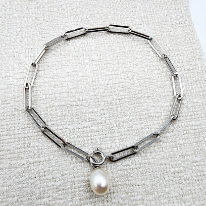 Sterling Silver with Genuine Freshwater Pearl, Paperclip Chain Bracelet For Women, Gift for her, Paperclip Chain Design, Fashionable Jewelry