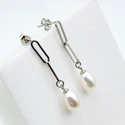 Rhodium Plated 925 Sterling Silver Genuine Freshwater Pearl Paperclip Chain Earrings For Women, Pearl Paperclip Chain Link Earrings