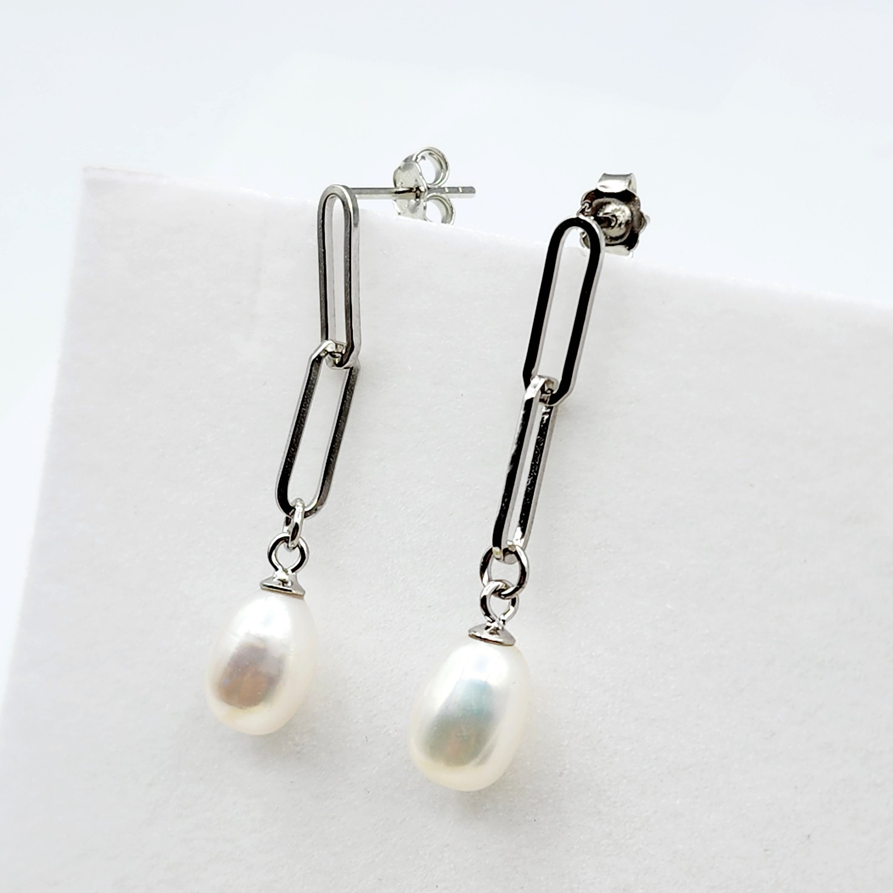 Rhodium Plated 925 Sterling Silver Genuine Freshwater Pearl Paperclip Chain Earrings For Women, Pearl Paperclip Chain Link Earrings
