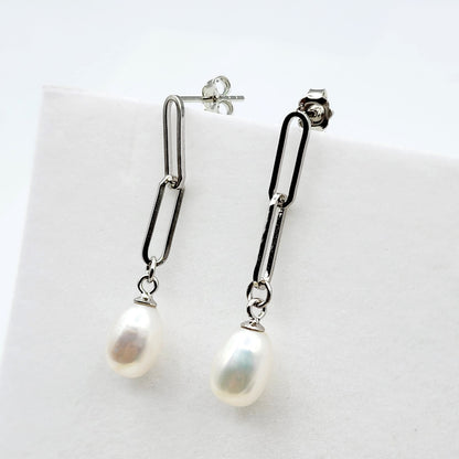 Rhodium Plated 925 Sterling Silver Genuine Freshwater Pearl Paperclip Chain Earrings For Women, Pearl Paperclip Chain Link Earrings