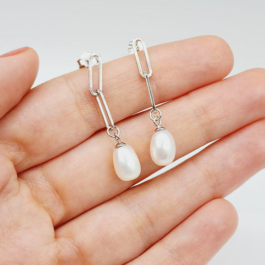 Rhodium Plated 925 Sterling Silver Genuine Freshwater Pearl Paperclip Chain Earrings For Women, Pearl Paperclip Chain Link Earrings