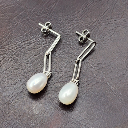 Rhodium Plated 925 Sterling Silver Genuine Freshwater Pearl Paperclip Chain Earrings For Women, Pearl Paperclip Chain Link Earrings