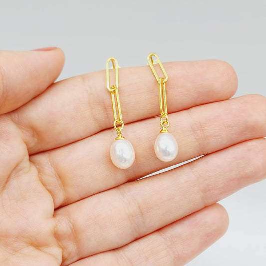 Gold Plated 925 Sterling Silver Genuine Freshwater Pearl Paperclip Chain Earrings For Women, Pearl Paperclip Chain Link Earrings