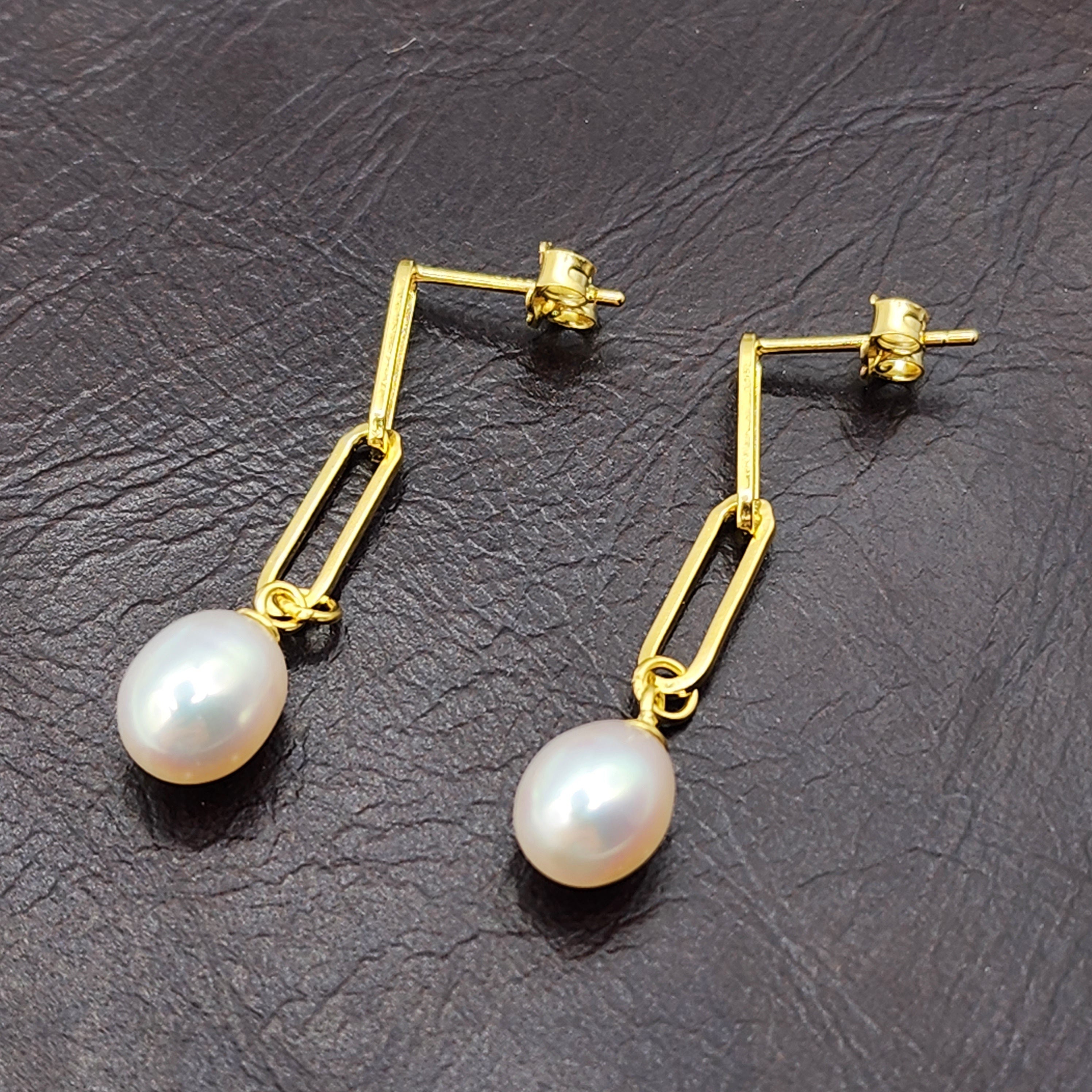 Gold Plated 925 Sterling Silver Genuine Freshwater Pearl Paperclip Chain Earrings For Women, Pearl Paperclip Chain Link Earrings