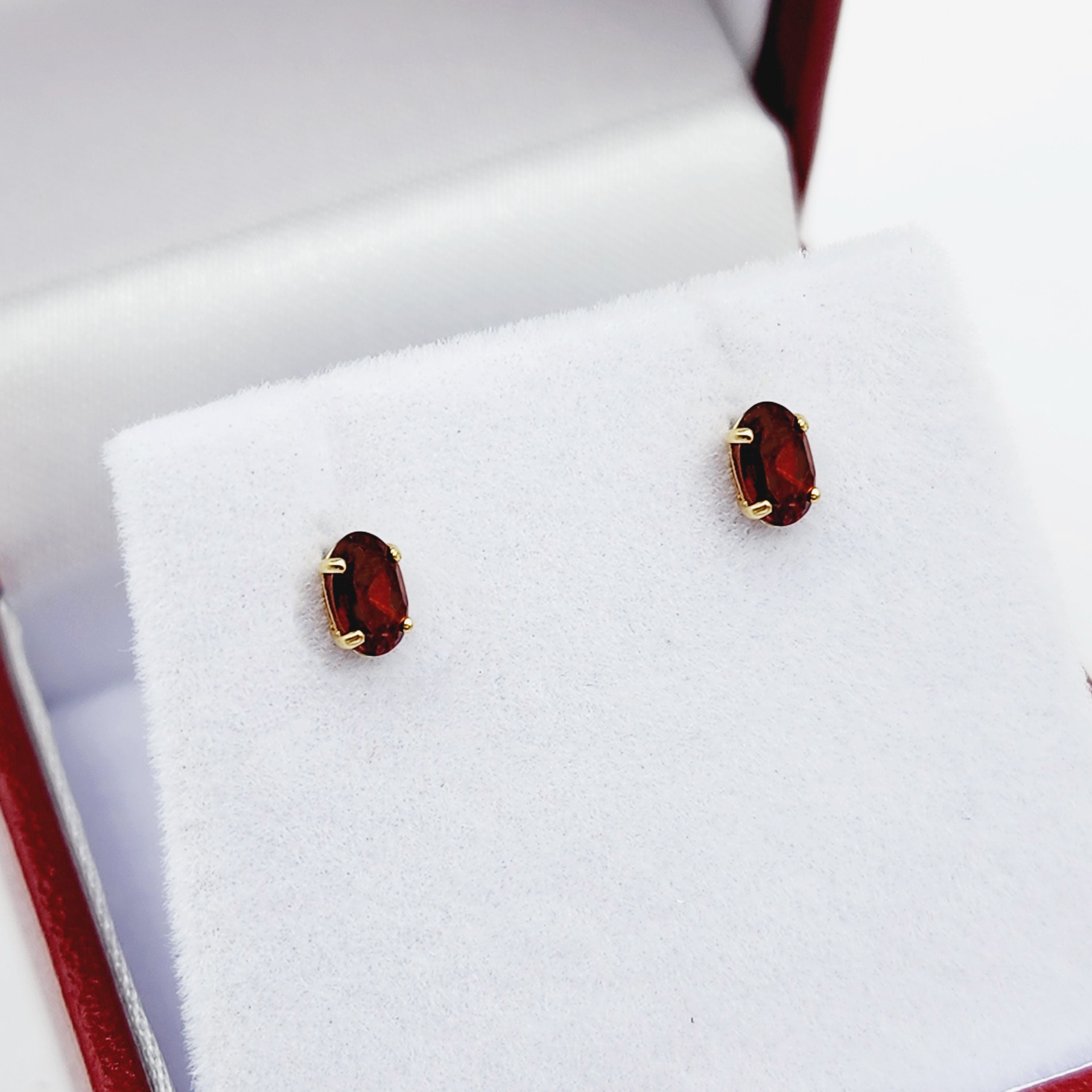 Gold Garnet Stud Earrings, 10K Yellow Gold Genuine Garnet 5x3mm Stud Earrings, January Birthstone, Red Gemstone Jewelry For Her