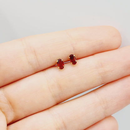 Gold Garnet Stud Earrings, 10K Yellow Gold Genuine Garnet 5x3mm Stud Earrings, January Birthstone, Red Gemstone Jewelry For Her