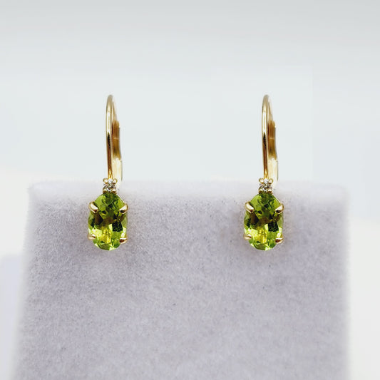 14K Yellow Gold Leverback Peridot  Earrings, Gold Earrings with Genuine Gemstone 6x4mm and Diamonds, August Birthstone Gift for Her